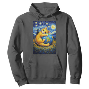 Earth Day Hoodie Starry Night Cat Hugging Earth TS12 Dark Heather Print Your Wear