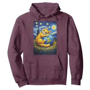 Earth Day Hoodie Starry Night Cat Hugging Earth TS12 Maroon Print Your Wear
