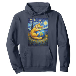 Earth Day Hoodie Starry Night Cat Hugging Earth TS12 Navy Print Your Wear