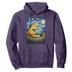 Earth Day Hoodie Starry Night Cat Hugging Earth TS12 Purple Print Your Wear