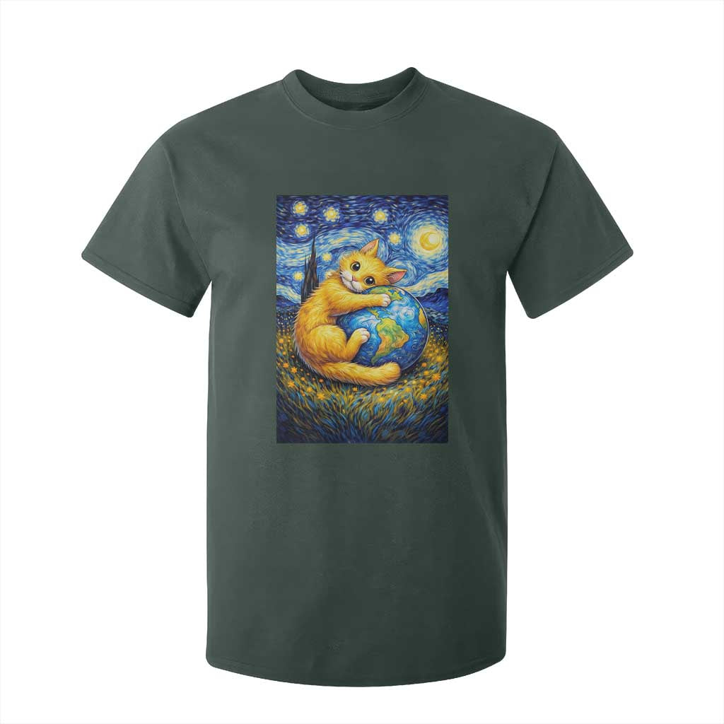 Earth Day T Shirt For Kid Starry Night Cat Hugging Earth TS12 Dark Forest Green Print Your Wear