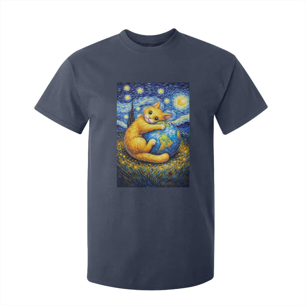 Earth Day T Shirt For Kid Starry Night Cat Hugging Earth TS12 Navy Print Your Wear