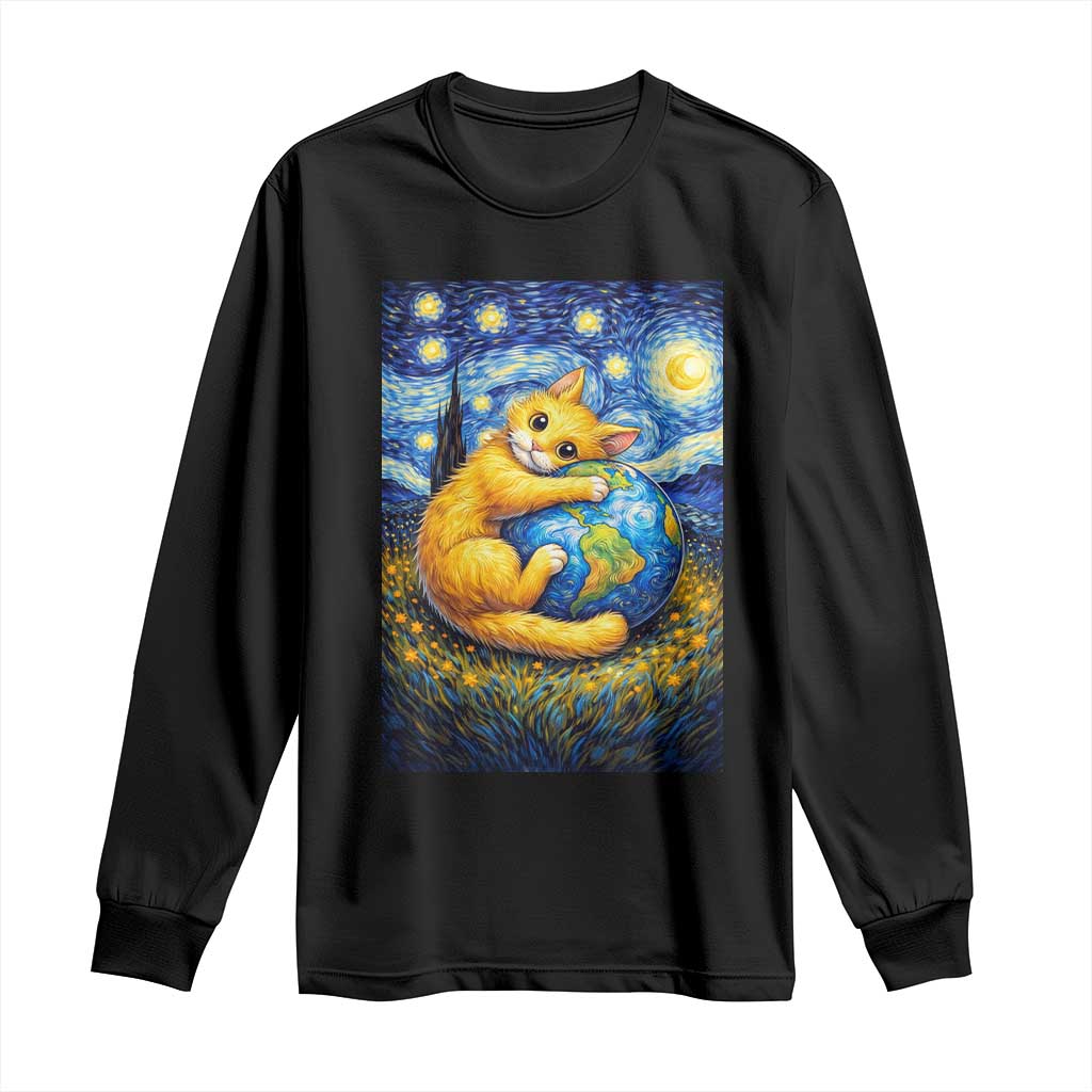Earth Day Long Sleeve Shirt Starry Night Cat Hugging Earth TS12 Black Print Your Wear