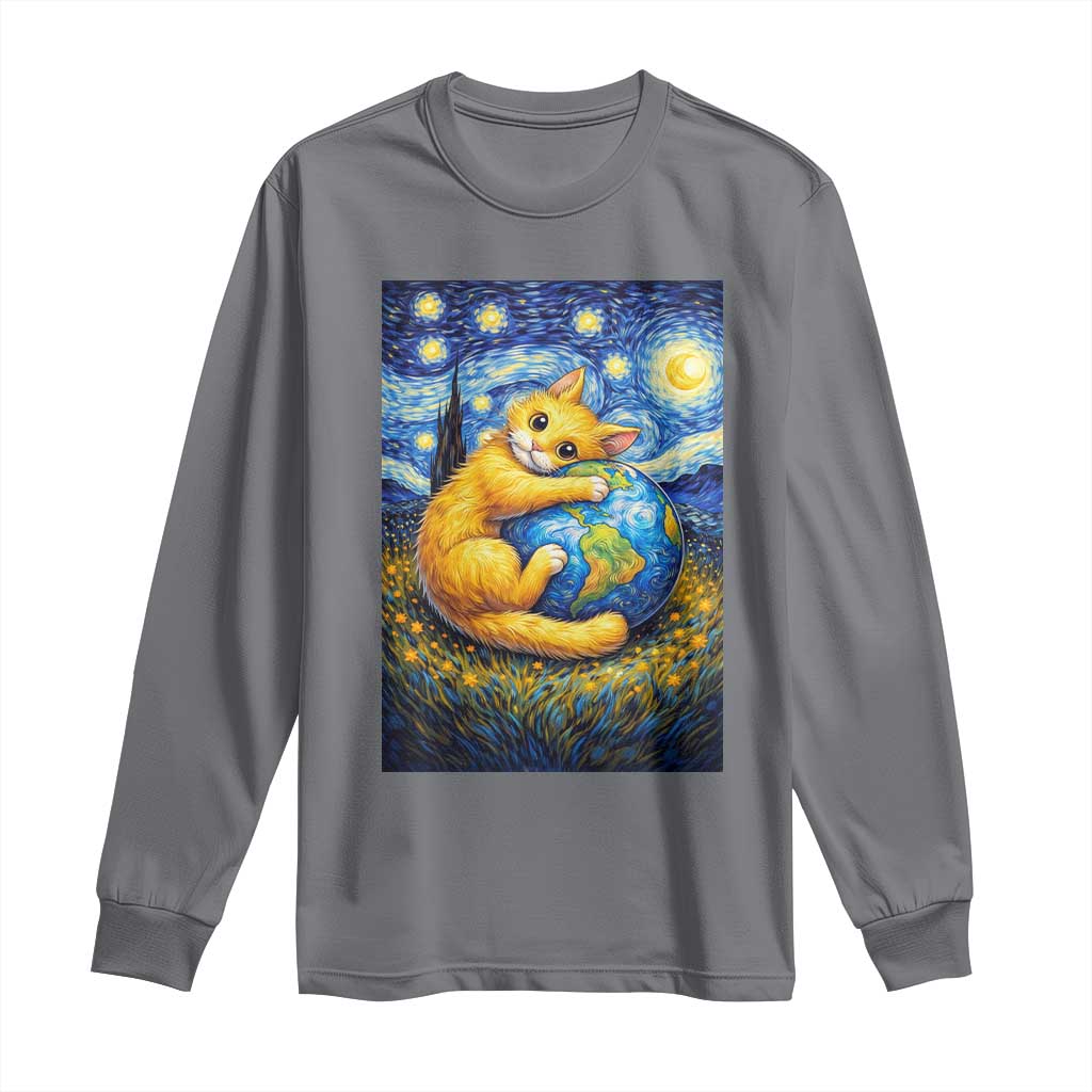 Earth Day Long Sleeve Shirt Starry Night Cat Hugging Earth TS12 Charcoal Print Your Wear