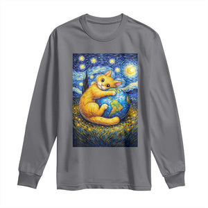 Earth Day Long Sleeve Shirt Starry Night Cat Hugging Earth TS12 Charcoal Print Your Wear