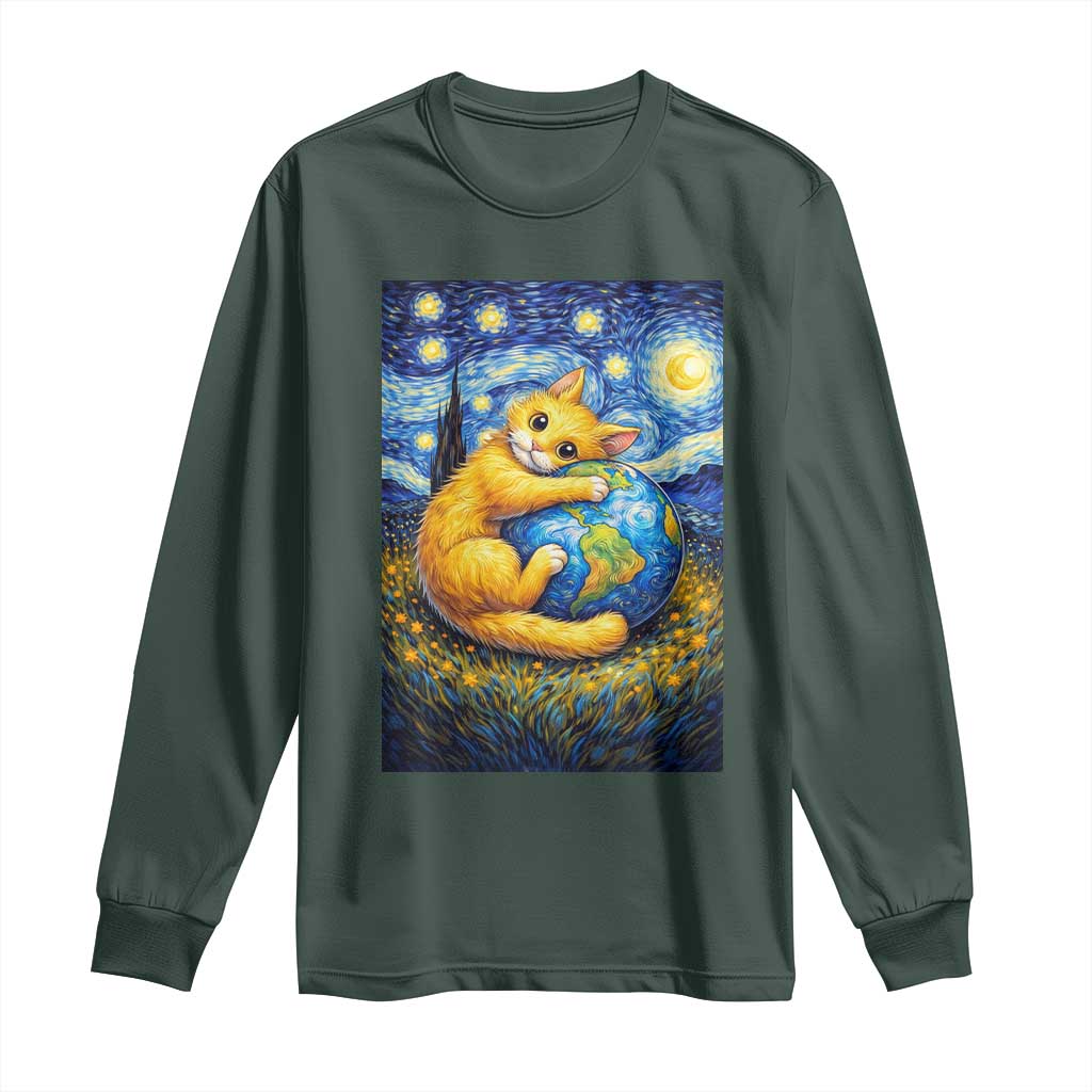 Earth Day Long Sleeve Shirt Starry Night Cat Hugging Earth TS12 Dark Forest Green Print Your Wear
