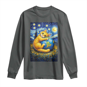 Earth Day Long Sleeve Shirt Starry Night Cat Hugging Earth TS12 Dark Heather Print Your Wear