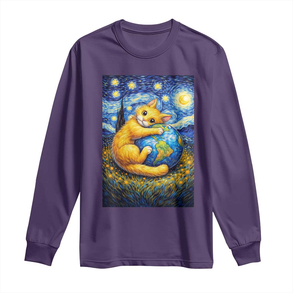 Earth Day Long Sleeve Shirt Starry Night Cat Hugging Earth TS12 Purple Print Your Wear