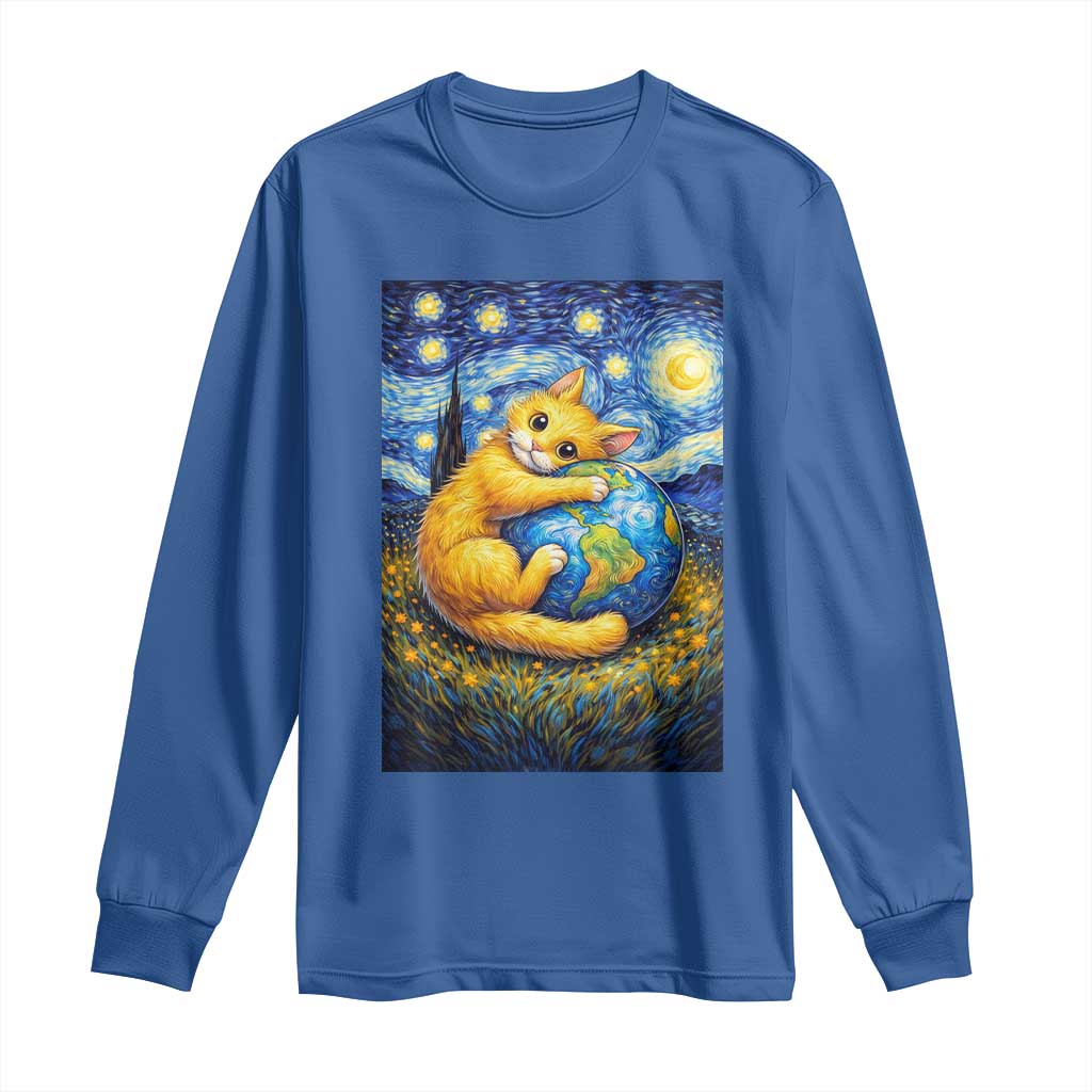 Earth Day Long Sleeve Shirt Starry Night Cat Hugging Earth TS12 Royal Blue Print Your Wear