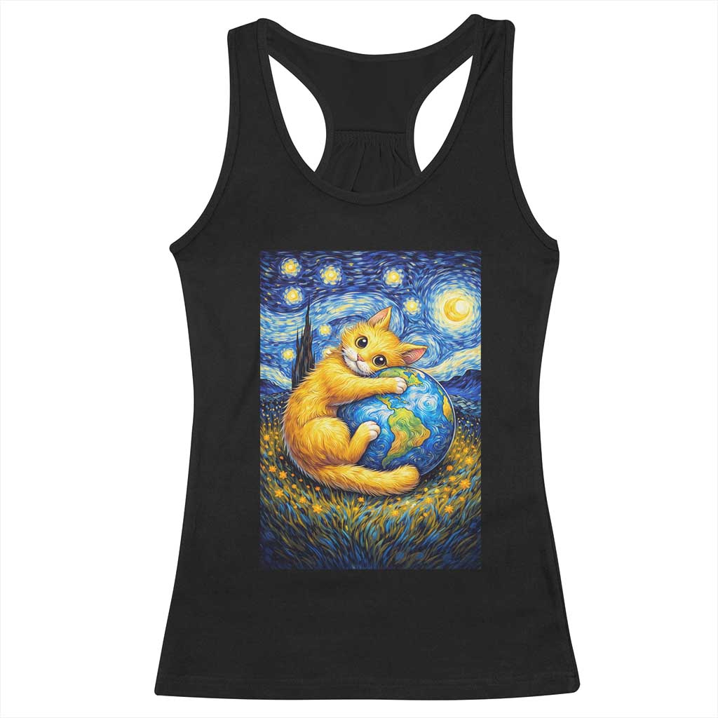 Earth Day Racerback Tank Top Starry Night Cat Hugging Earth TS12 Black Print Your Wear