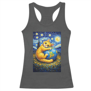 Earth Day Racerback Tank Top Starry Night Cat Hugging Earth TS12 Dark Heather Print Your Wear