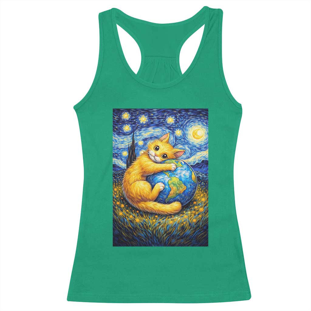 Earth Day Racerback Tank Top Starry Night Cat Hugging Earth TS12 Irish Green Print Your Wear