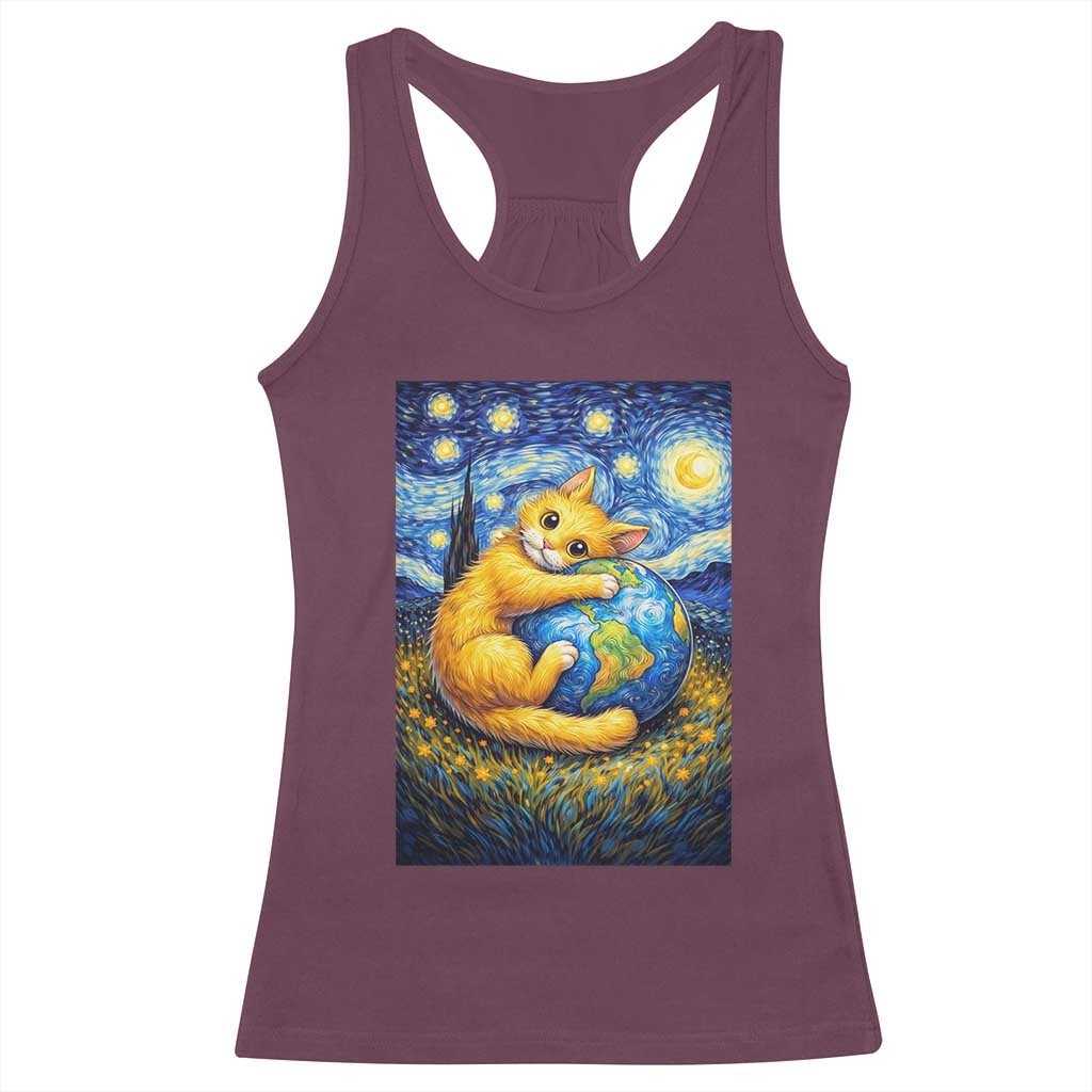 Earth Day Racerback Tank Top Starry Night Cat Hugging Earth TS12 Maroon Print Your Wear