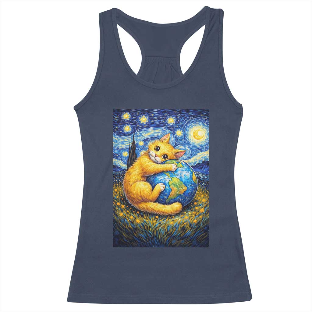 Earth Day Racerback Tank Top Starry Night Cat Hugging Earth TS12 Navy Print Your Wear
