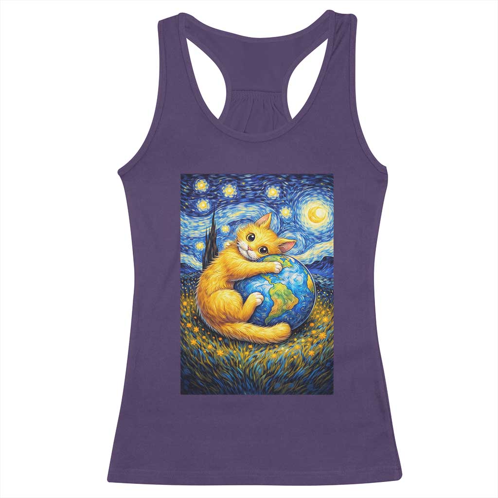 Earth Day Racerback Tank Top Starry Night Cat Hugging Earth TS12 Purple Print Your Wear