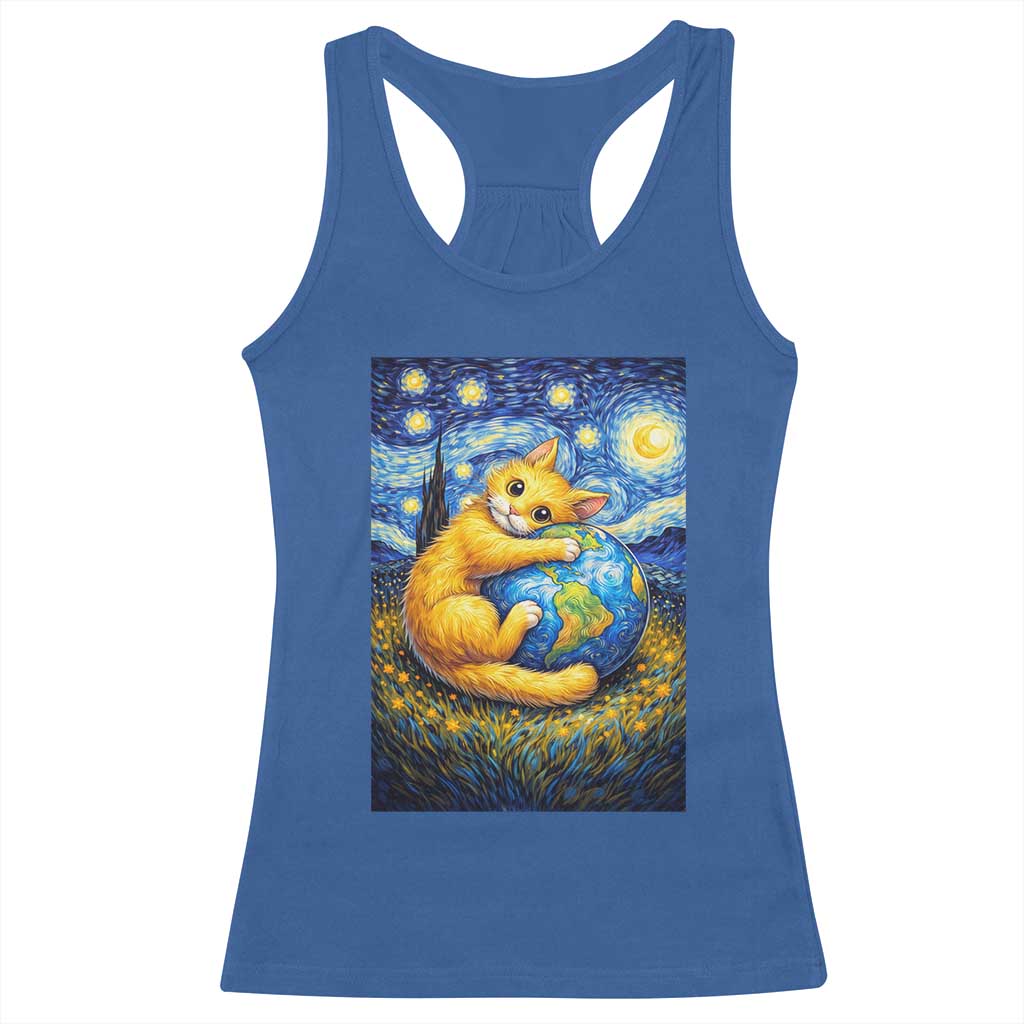 Earth Day Racerback Tank Top Starry Night Cat Hugging Earth TS12 Royal Blue Print Your Wear