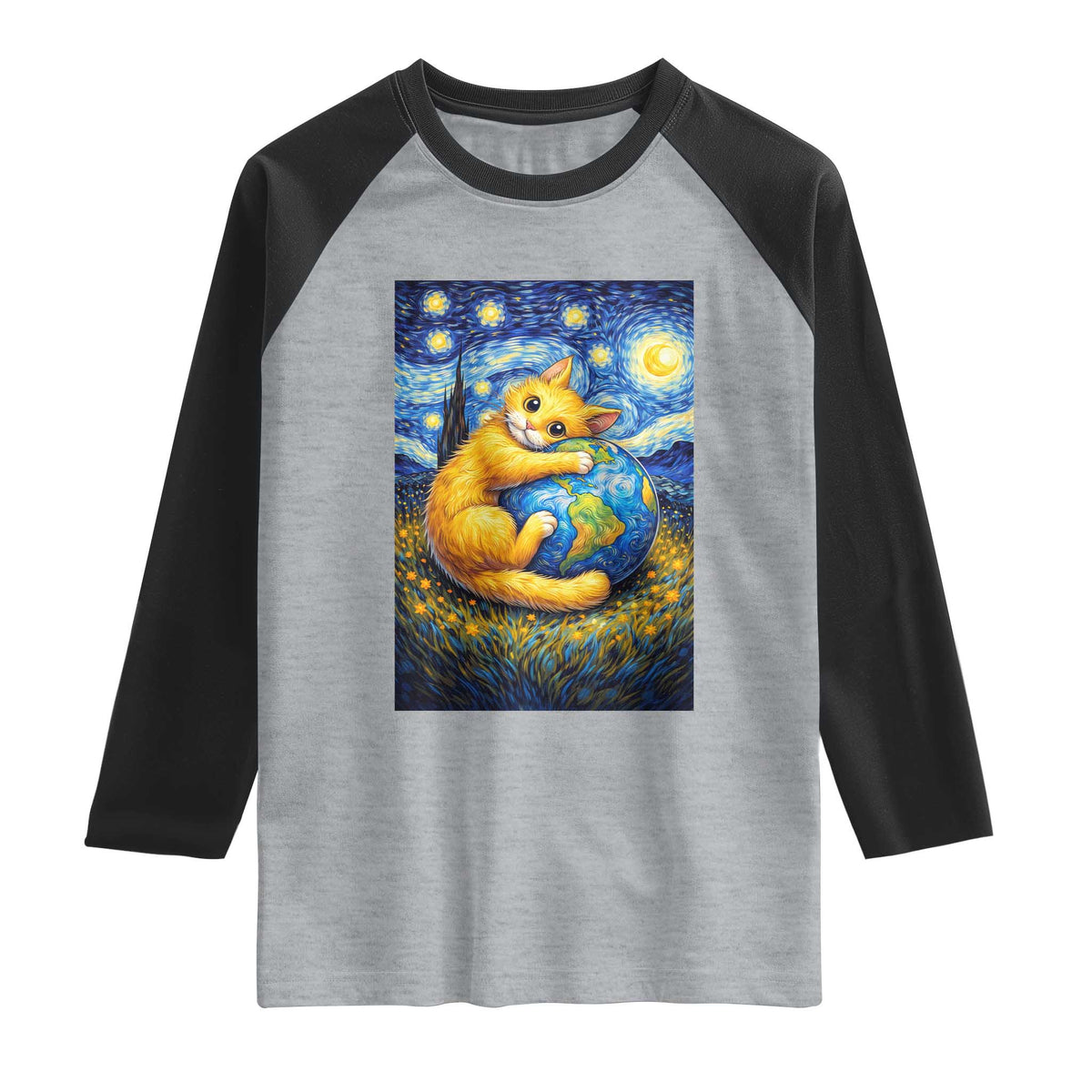 Earth Day Raglan Shirt Starry Night Cat Hugging Earth TS12 Heather Gray Black Print Your Wear