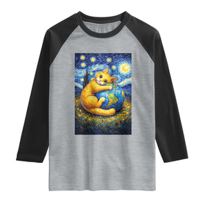 Earth Day Raglan Shirt Starry Night Cat Hugging Earth TS12 Heather Gray Black Print Your Wear