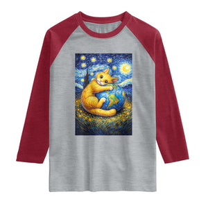 Earth Day Raglan Shirt Starry Night Cat Hugging Earth TS12 Heather Gray Heather Red Print Your Wear