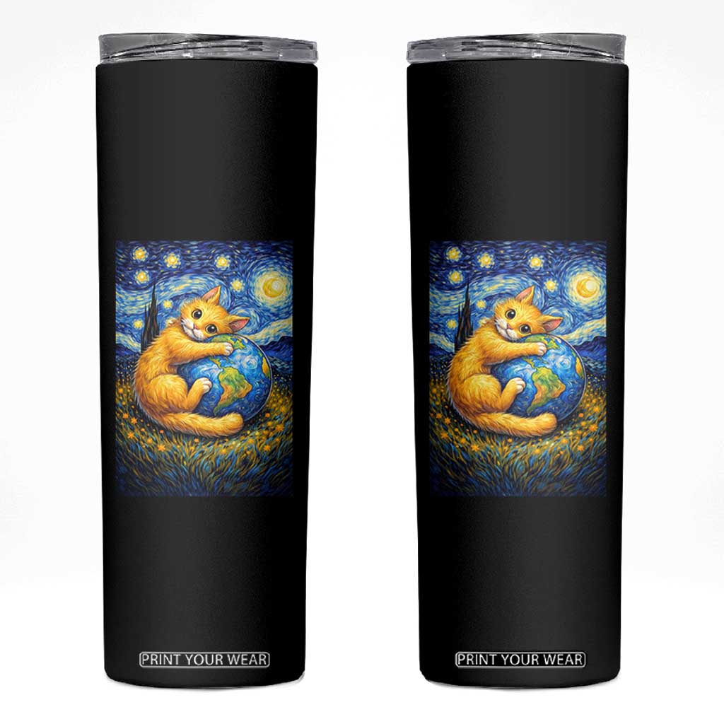 Earth Day Skinny Tumbler Starry Night Cat Hugging Earth TS12 Black Print Your Wear