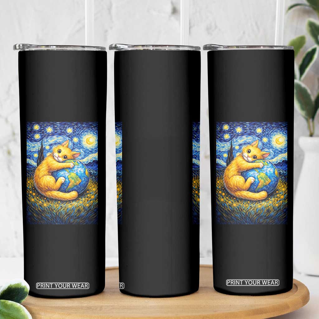 Earth Day Skinny Tumbler Starry Night Cat Hugging Earth TS12 Print Your Wear