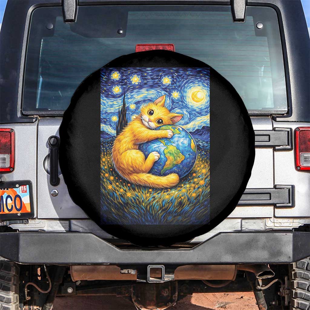 Earth Day Spare Tire Cover Starry Night Cat Hugging Earth TS12 No hole Black Print Your Wear