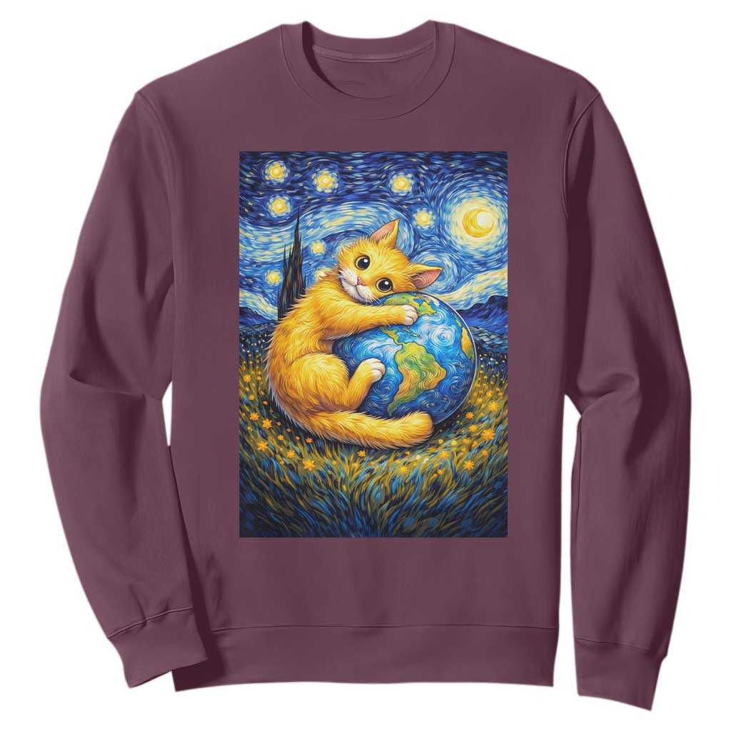 Earth Day Sweatshirt Starry Night Cat Hugging Earth TS12 Maroon Print Your Wear