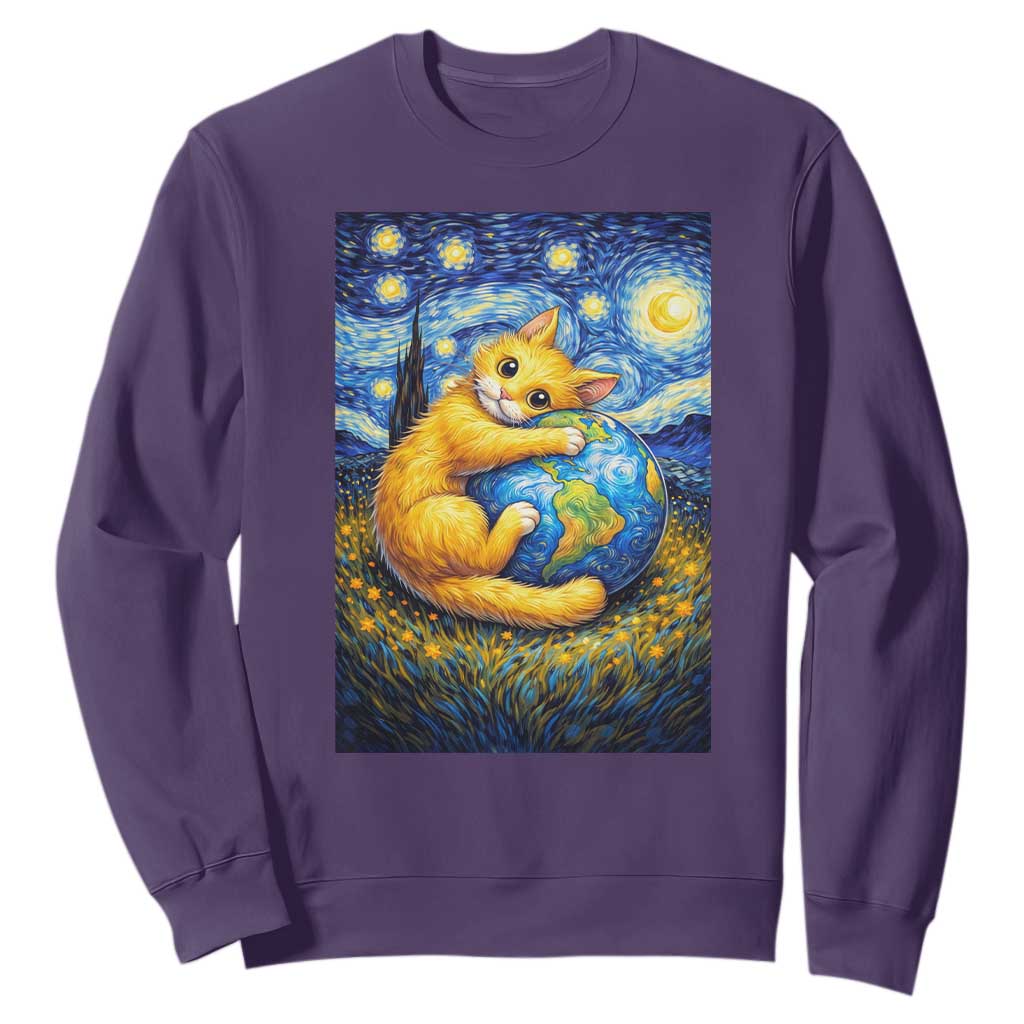 Earth Day Sweatshirt Starry Night Cat Hugging Earth TS12 Purple Print Your Wear