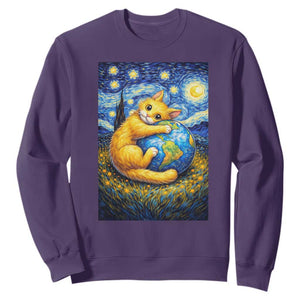 Earth Day Sweatshirt Starry Night Cat Hugging Earth TS12 Purple Print Your Wear