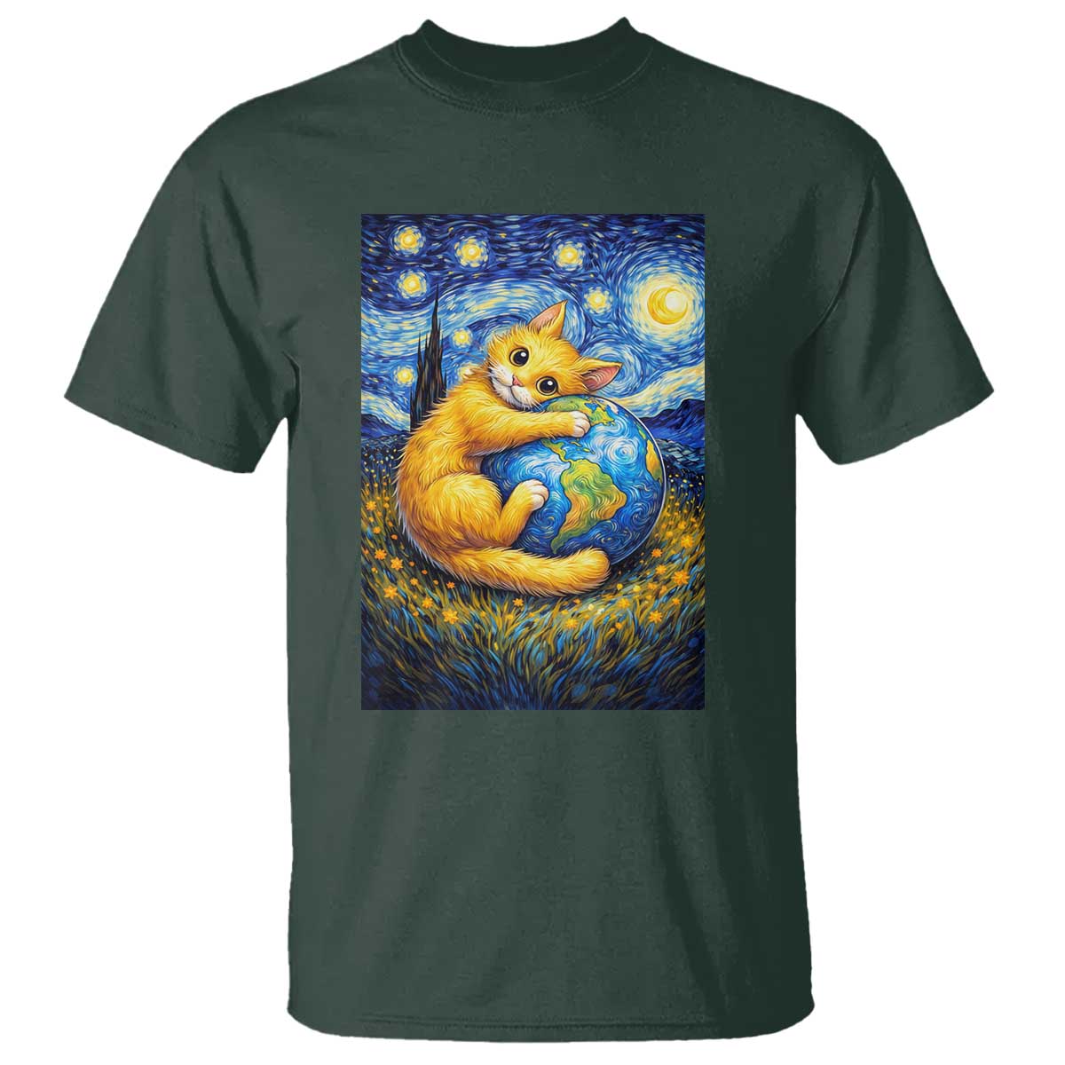 Earth Day T Shirt Starry Night Cat Hugging Earth TS12 Dark Forest Green Print Your Wear