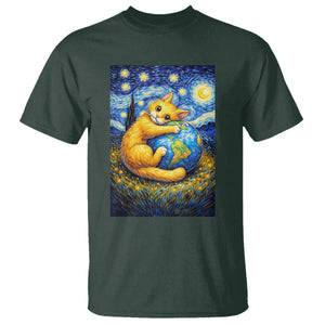 Earth Day T Shirt Starry Night Cat Hugging Earth TS12 Dark Forest Green Print Your Wear