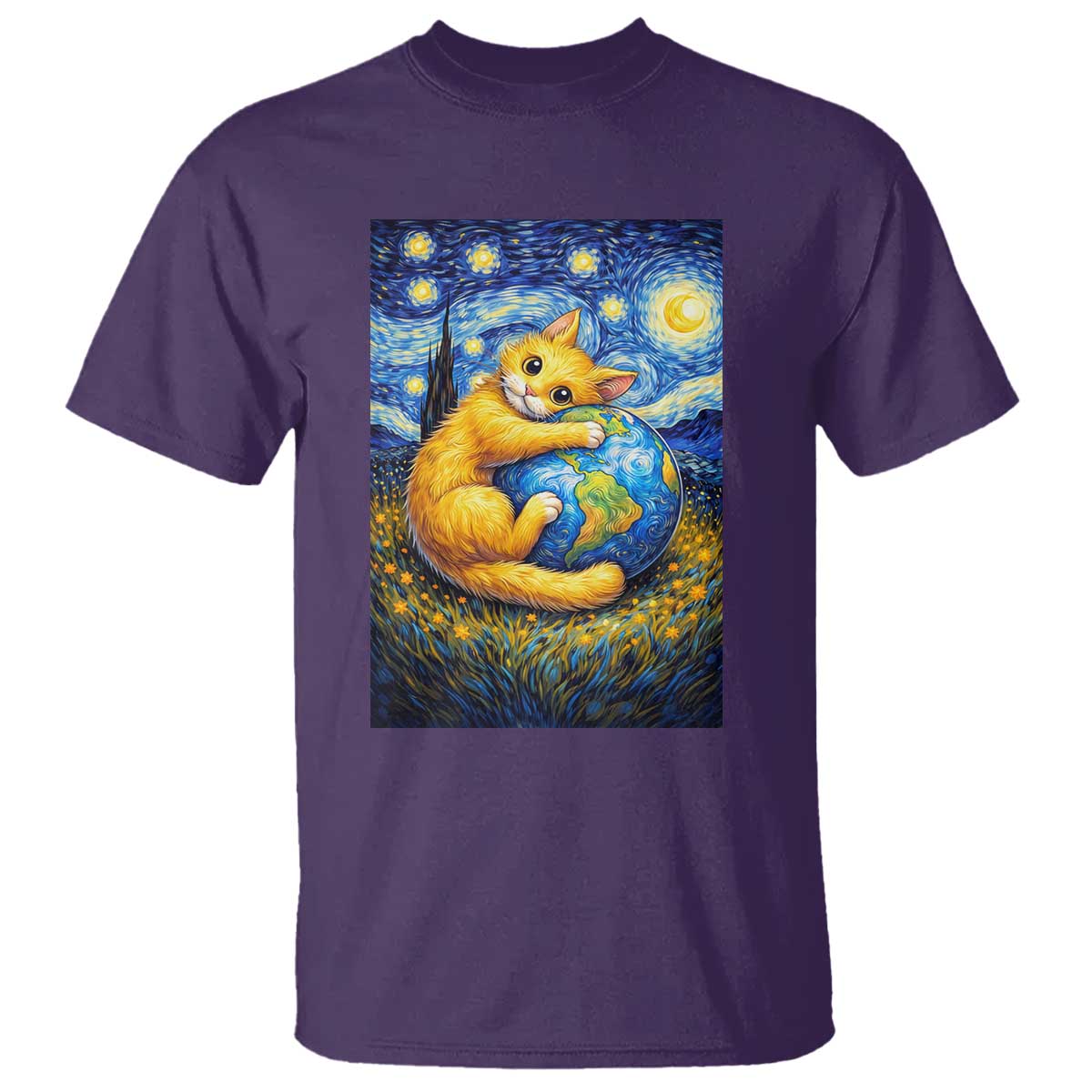 Earth Day T Shirt Starry Night Cat Hugging Earth TS12 Purple Print Your Wear