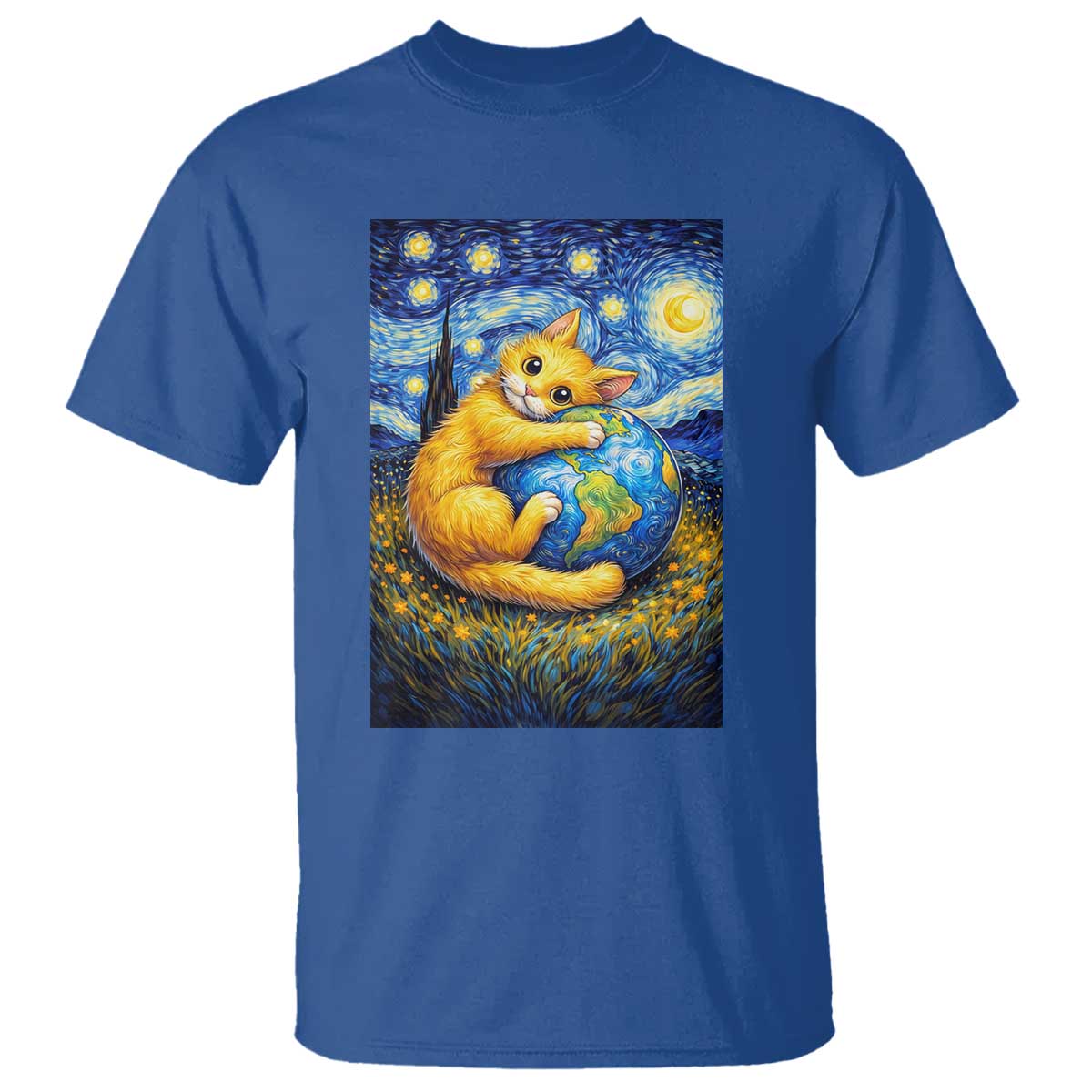 Earth Day T Shirt Starry Night Cat Hugging Earth TS12 Royal Blue Print Your Wear