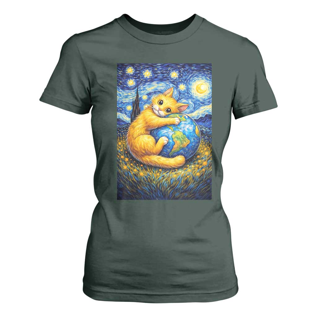 Earth Day T Shirt For Women Starry Night Cat Hugging Earth TS12 Dark Forest Green Print Your Wear