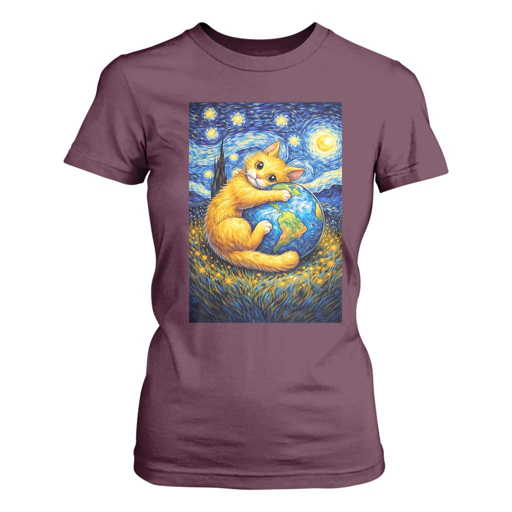 Earth Day T Shirt For Women Starry Night Cat Hugging Earth TS12 Maroon Print Your Wear