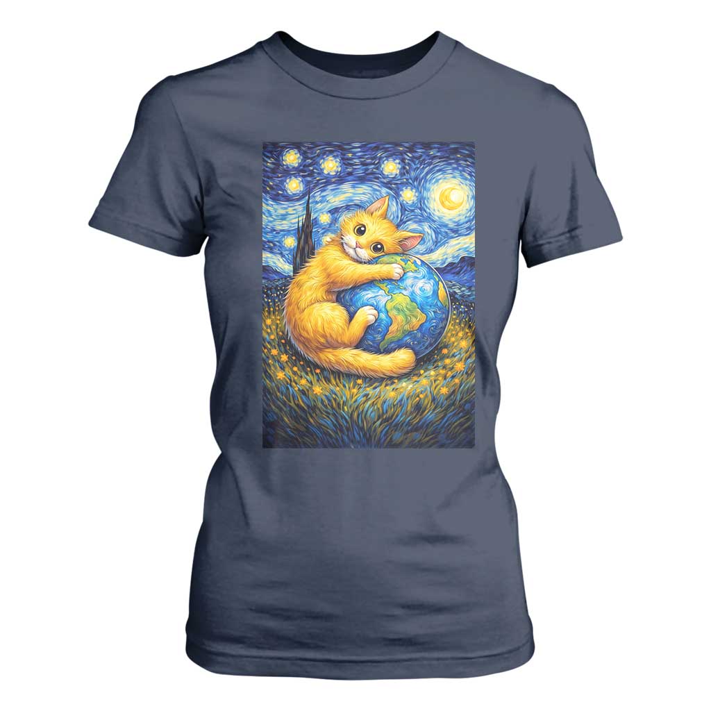 Earth Day T Shirt For Women Starry Night Cat Hugging Earth TS12 Navy Print Your Wear