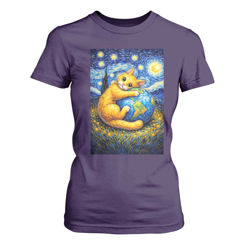 Earth Day T Shirt For Women Starry Night Cat Hugging Earth TS12 Purple Print Your Wear
