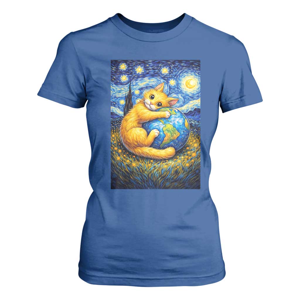 Earth Day T Shirt For Women Starry Night Cat Hugging Earth TS12 Royal Blue Print Your Wear