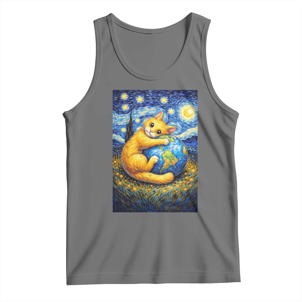 Earth Day Tank Top Starry Night Cat Hugging Earth TS12 Black Heather Print Your Wear