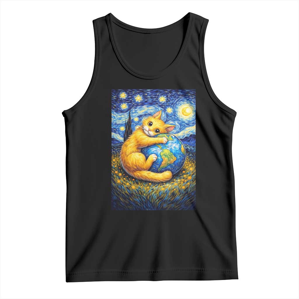 Earth Day Tank Top Starry Night Cat Hugging Earth TS12 Black Print Your Wear