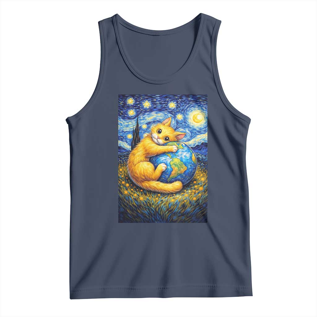 Earth Day Tank Top Starry Night Cat Hugging Earth TS12 Navy Print Your Wear