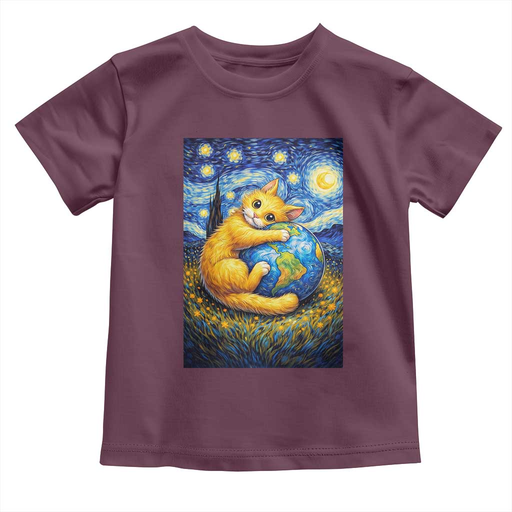 Earth Day Toddler T Shirt Starry Night Cat Hugging Earth TS12 Maroon Print Your Wear