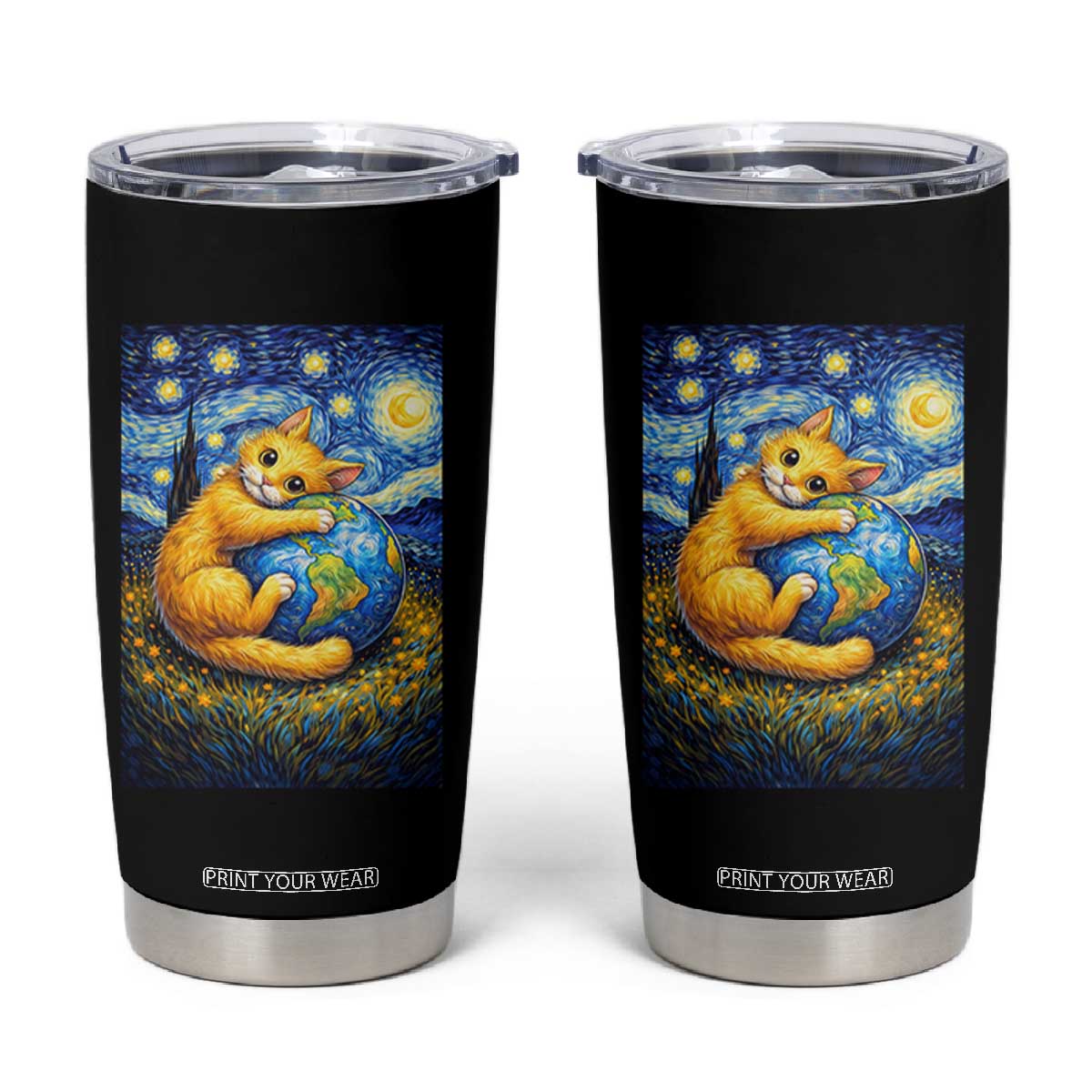 Earth Day Tumbler Cup Starry Night Cat Hugging Earth TS12 Black Print Your Wear