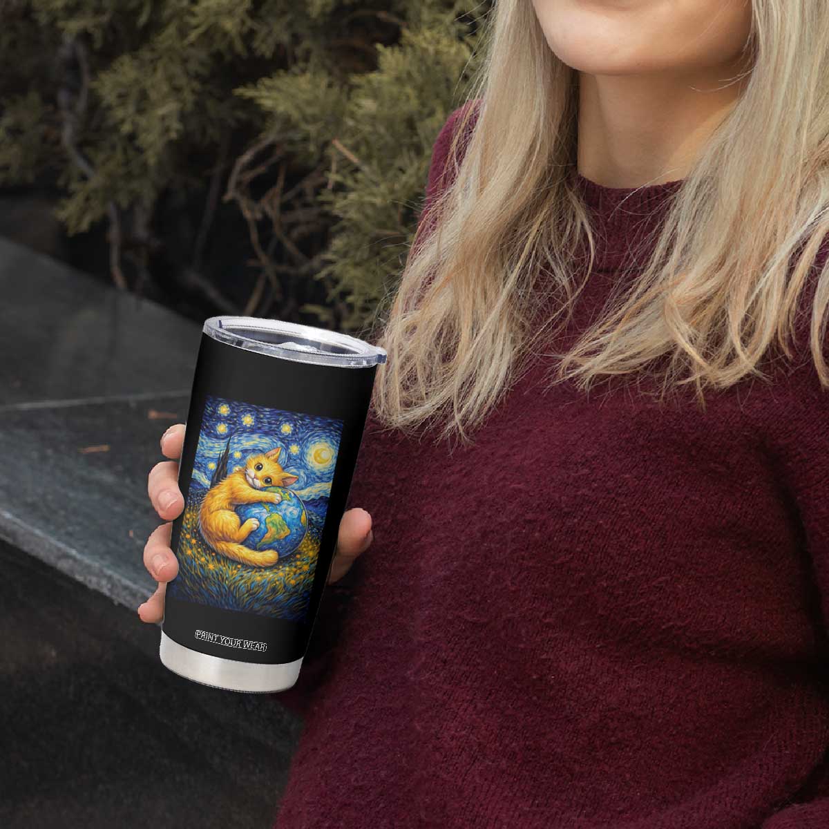 Earth Day Tumbler Cup Starry Night Cat Hugging Earth TS12 Print Your Wear