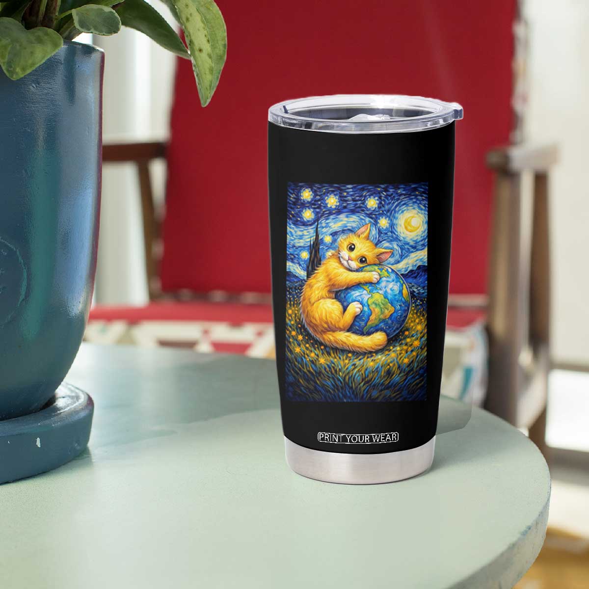 Earth Day Tumbler Cup Starry Night Cat Hugging Earth TS12 Print Your Wear
