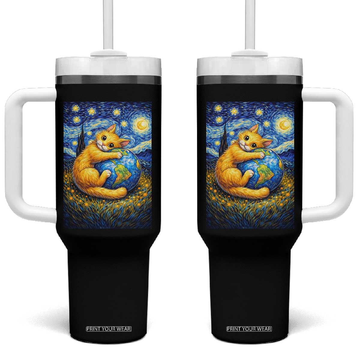 Earth Day Tumbler With Handle Starry Night Cat Hugging Earth TS12 One Size: 40 oz Black Print Your Wear