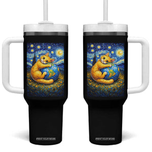 Earth Day Tumbler With Handle Starry Night Cat Hugging Earth TS12 One Size: 40 oz Black Print Your Wear