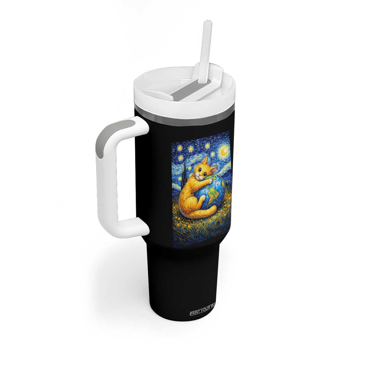 Earth Day Tumbler With Handle Starry Night Cat Hugging Earth TS12 Print Your Wear