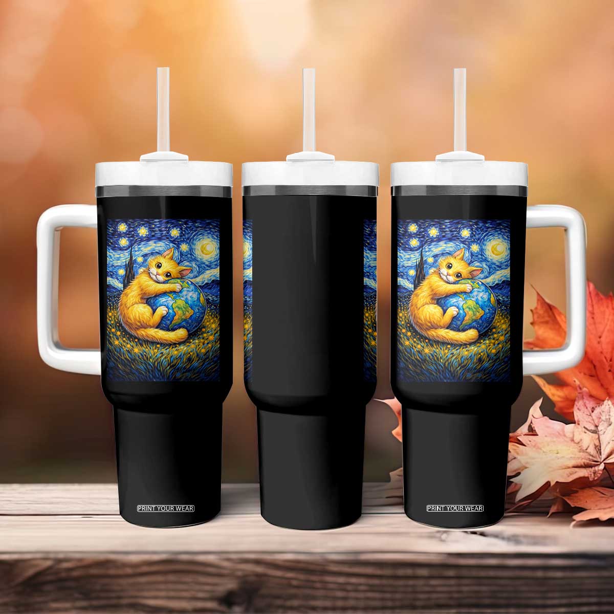 Earth Day Tumbler With Handle Starry Night Cat Hugging Earth TS12 Print Your Wear