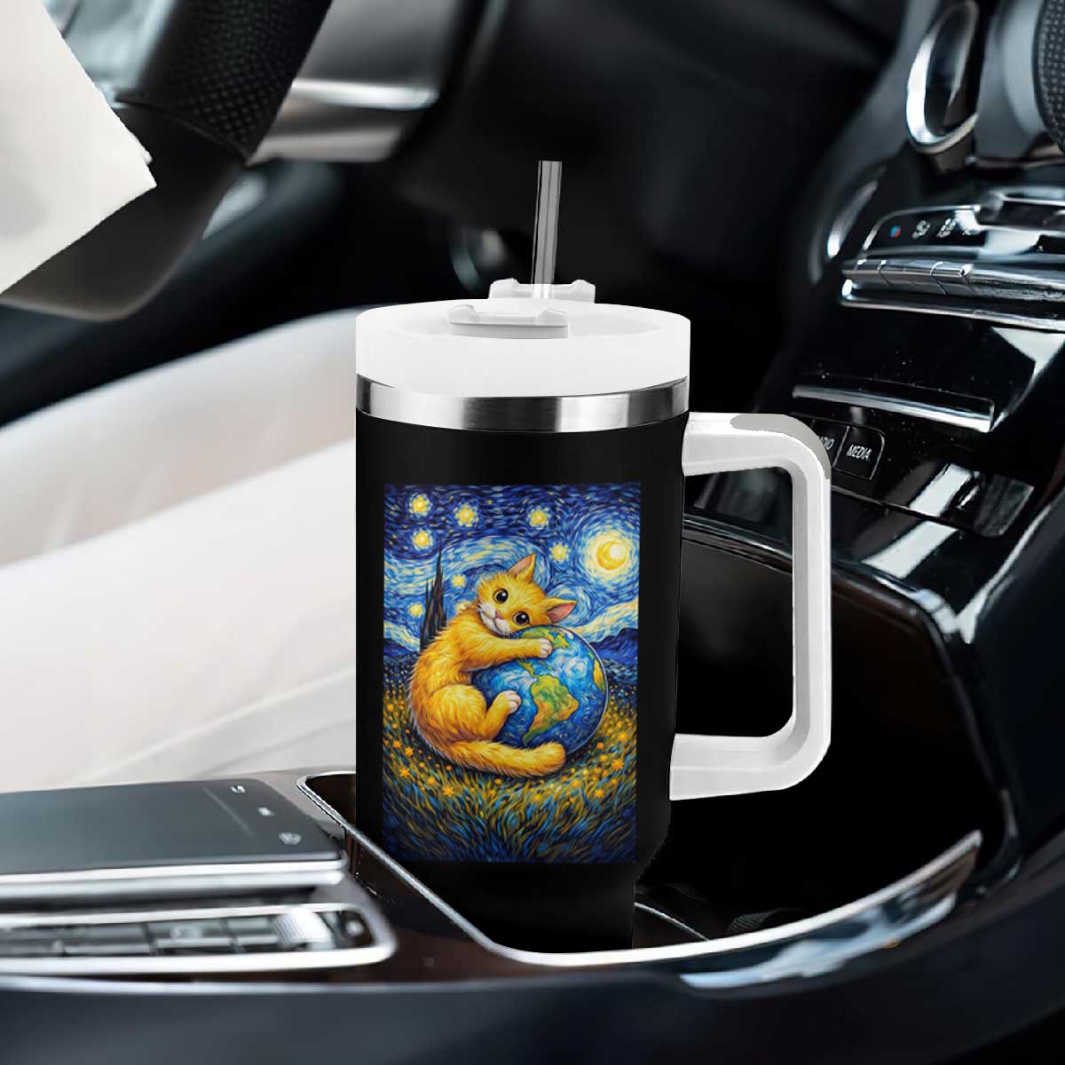 Earth Day Tumbler With Handle Starry Night Cat Hugging Earth TS12 Print Your Wear